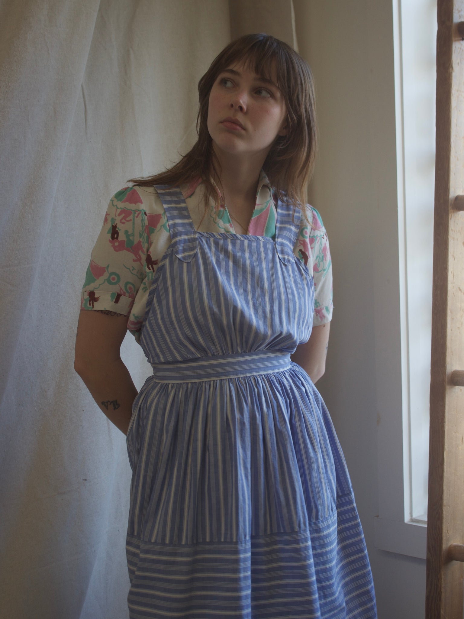 1940s Striped Chambray Blue Cotton Pinafore Button Back Dress