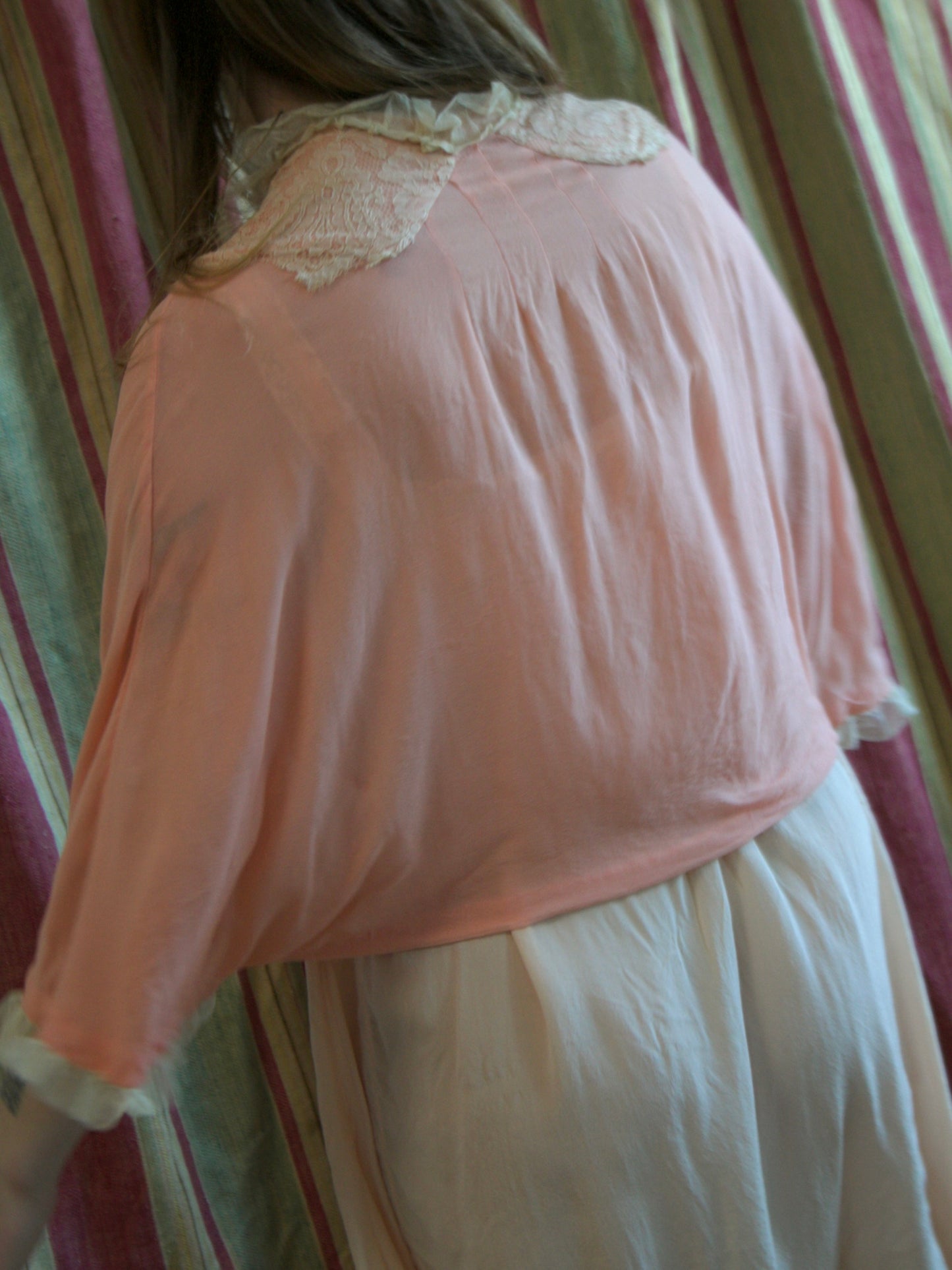 1930s Crepe Chiffon & Ecru Lace Ribbonwork Tie Jacket