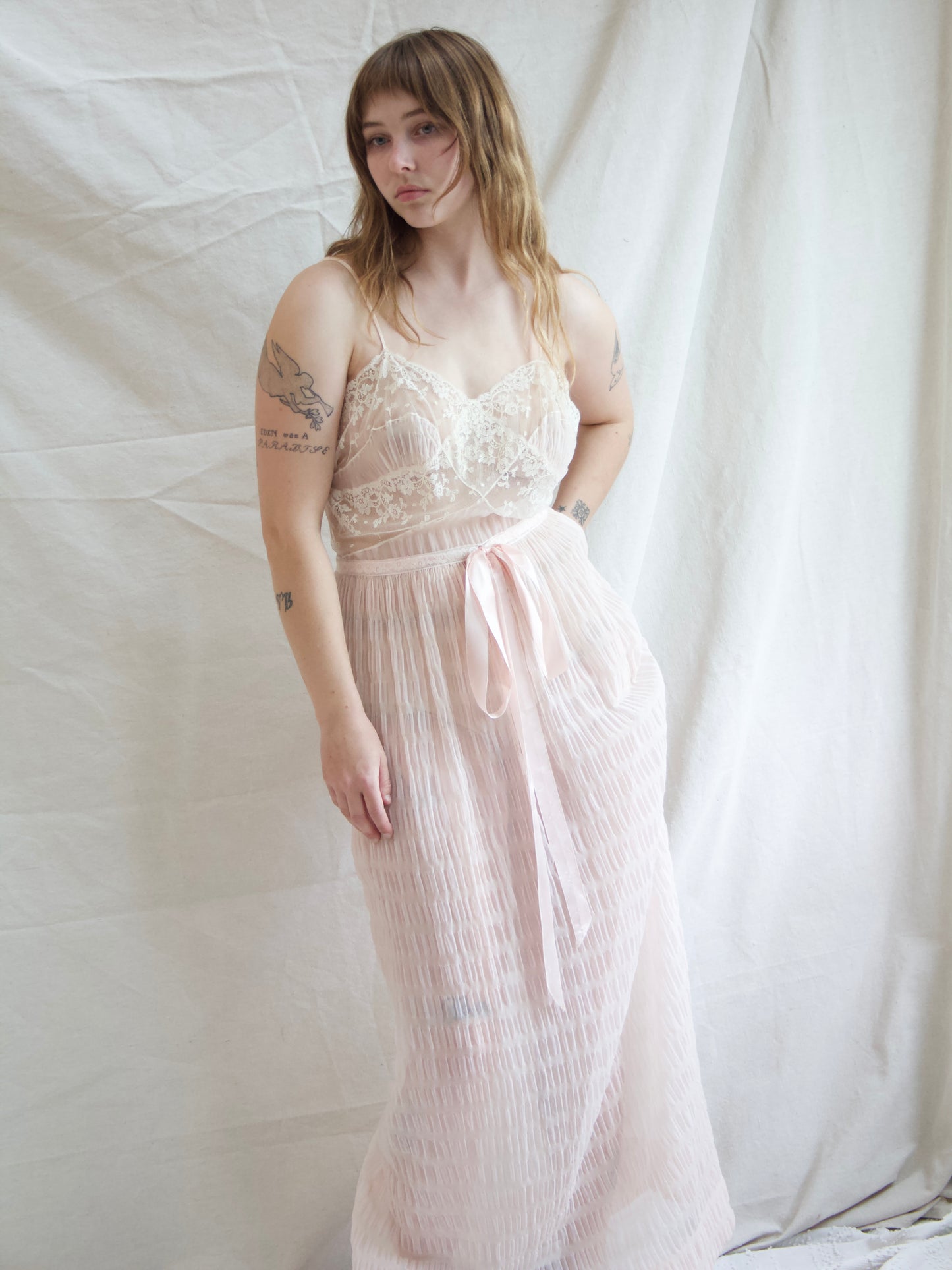 1940s I.Magnin Pale Pink Nylon & Lace Silk Satin Slip Dress