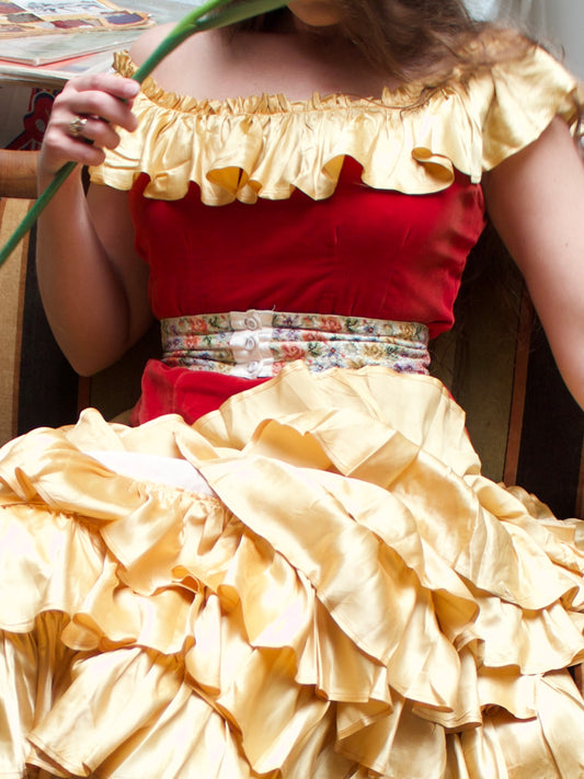 1930s Crimson Velveteen & Gold Liquid Satin Tiered Ruffle Gown
