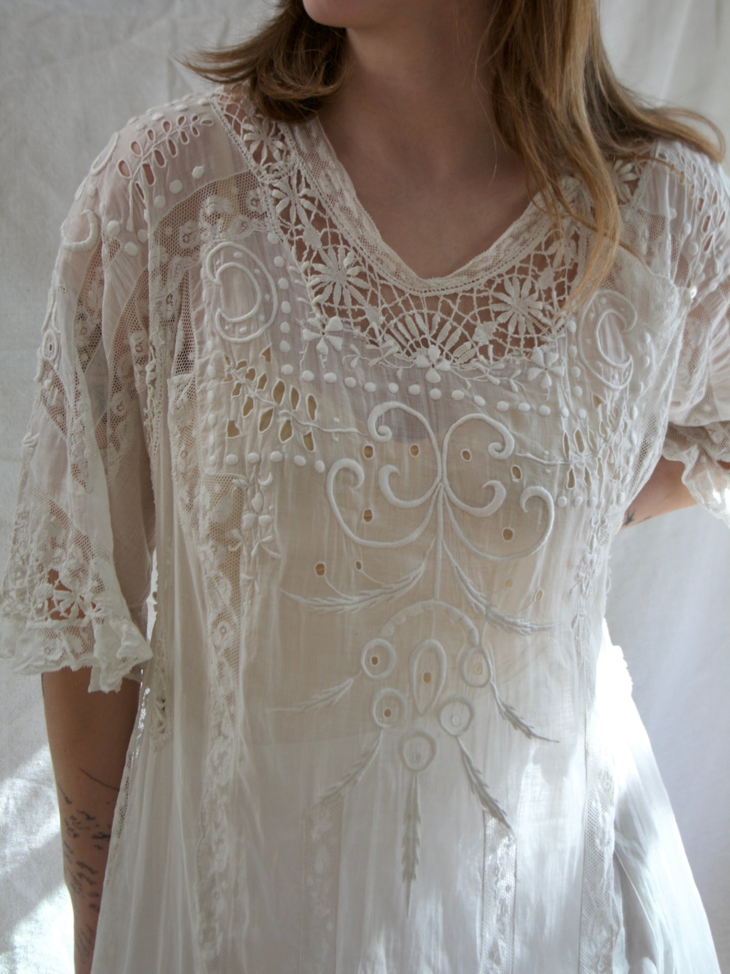 Special Antique Edwardian Whitework Batiste Cotton Crochet Lace Troussea Gown