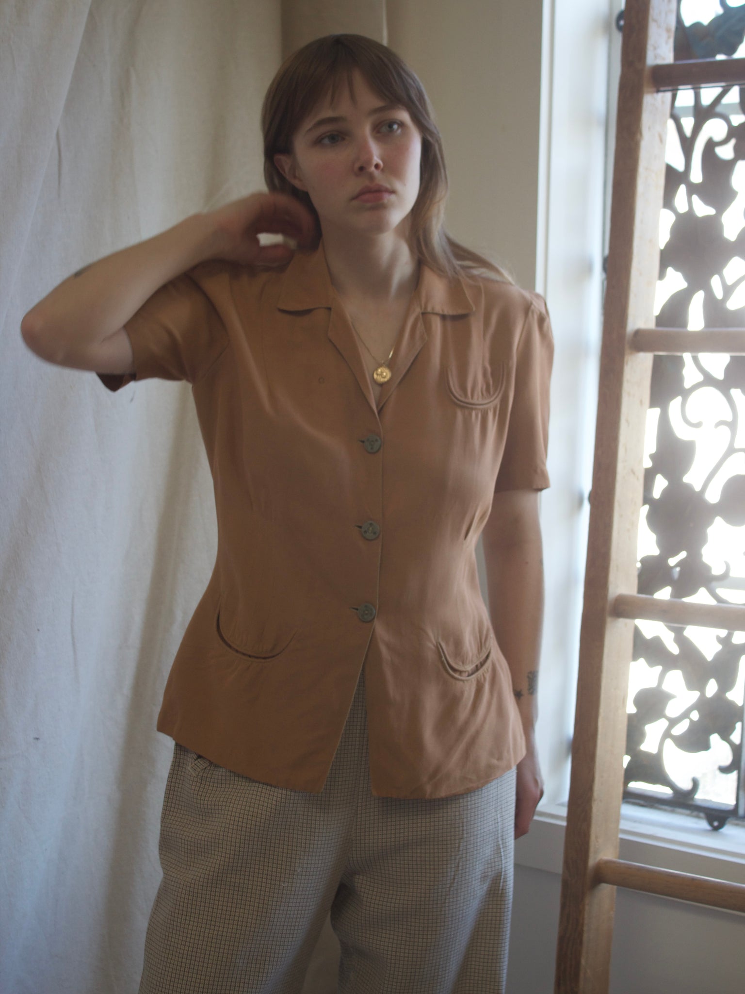 1940s Terracotta Puff Sleeve Rayon Sportswear Blouse