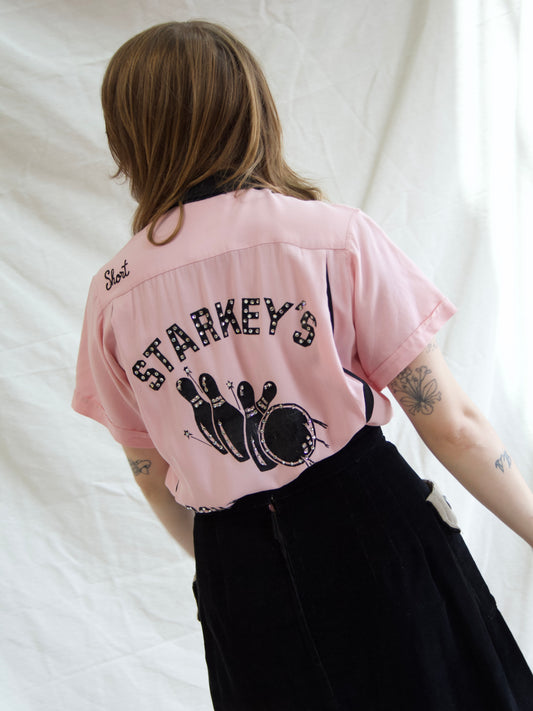 Rare 1950s “Starkeys Bowlerettes” Pink Rhinestone Embellished Gabardine Bowling Shirt