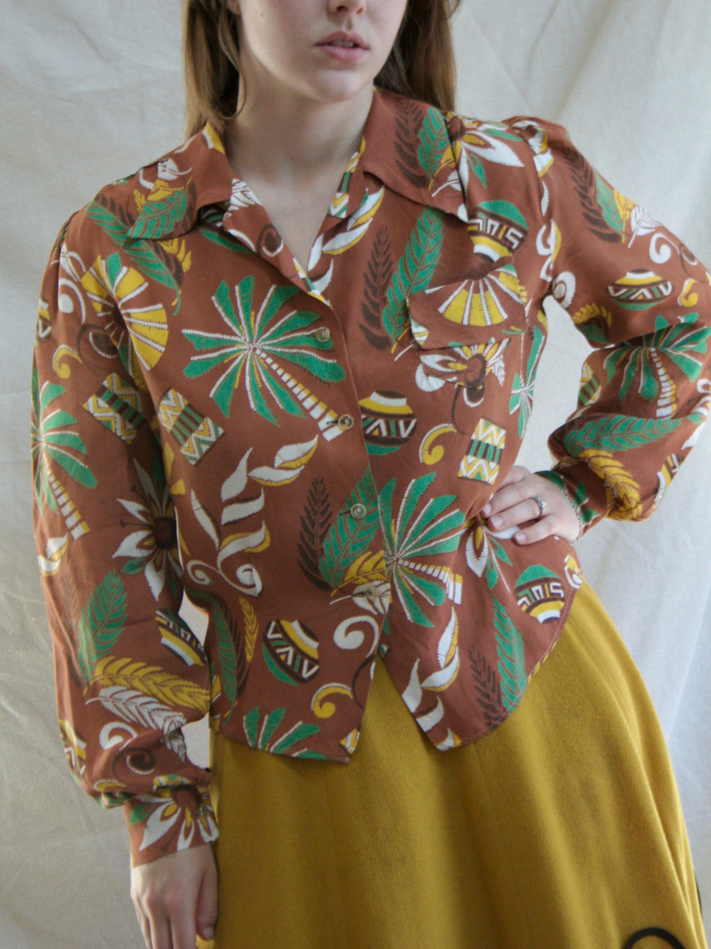 1940s Terracotta Hawaiian Silk Blend Bishop Sleeve Blouse