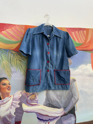 1940s Ladies Puff Sleeve Denim Blanket Stitch Workwear Blouse Jacket