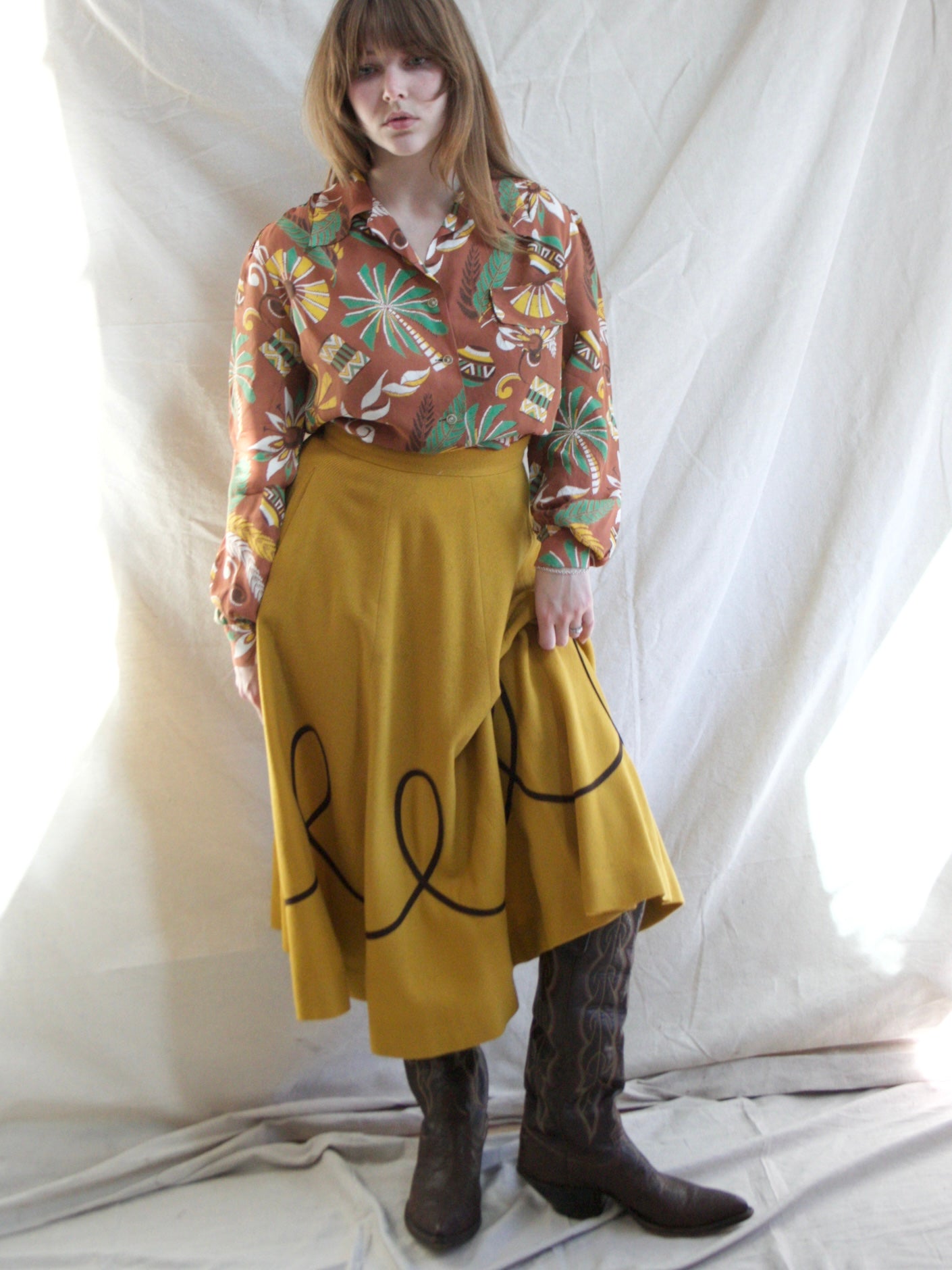 1950s Marigold Wool W* Looped Trim Circle Skirt