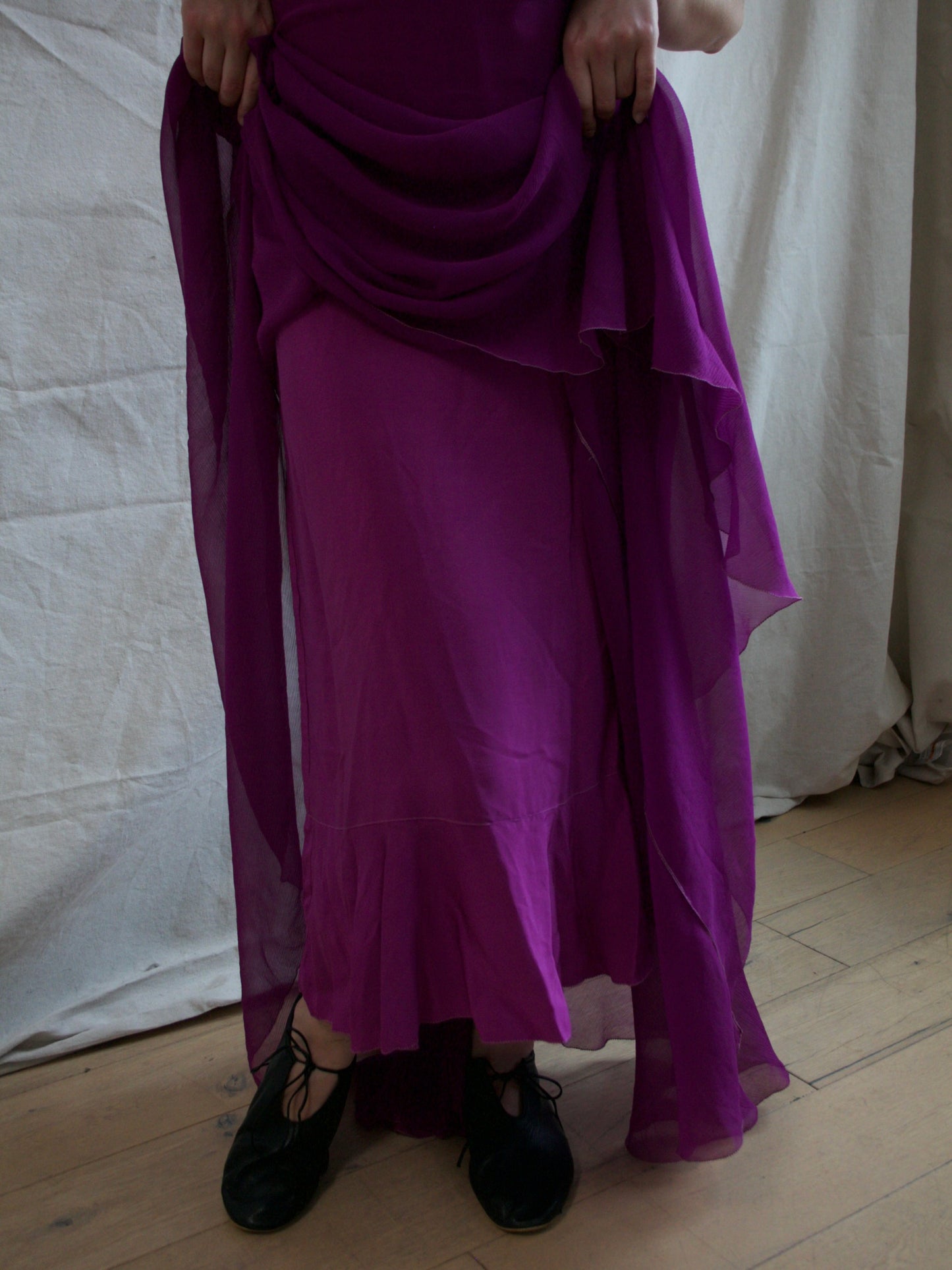 1930s Crinkle Chiffon Silk Fuchsia Plum Bias Cut Gown