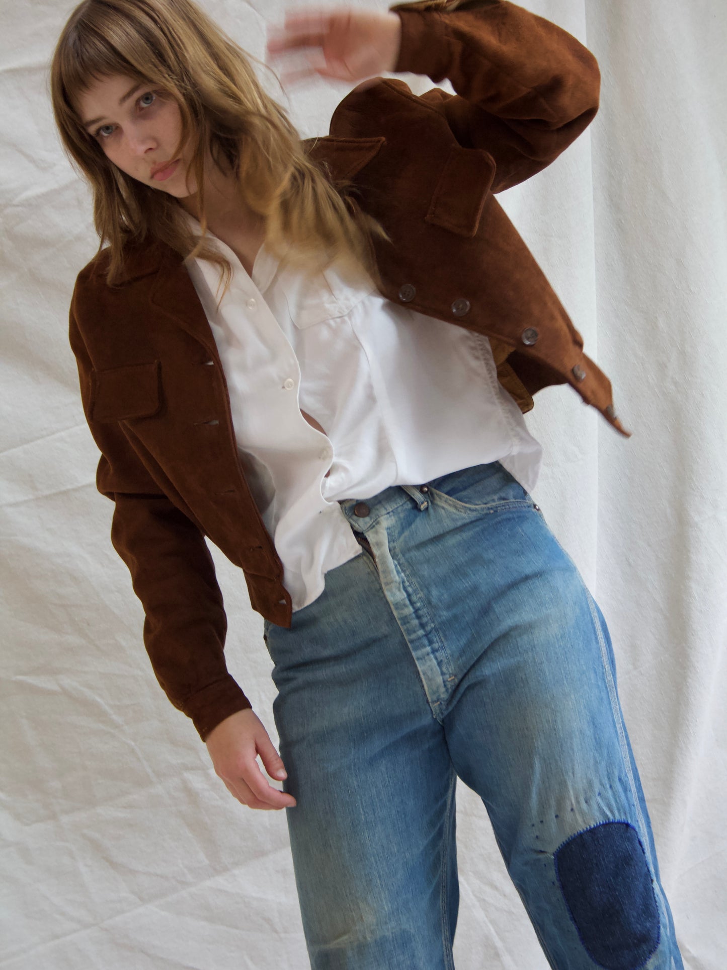 1940s Cropped Suede Flannel Lined Side Cinch Jacket