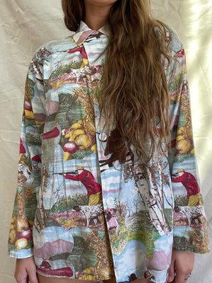 Rare 1950s Hunting Photoprint Cotton Lounge Shirt