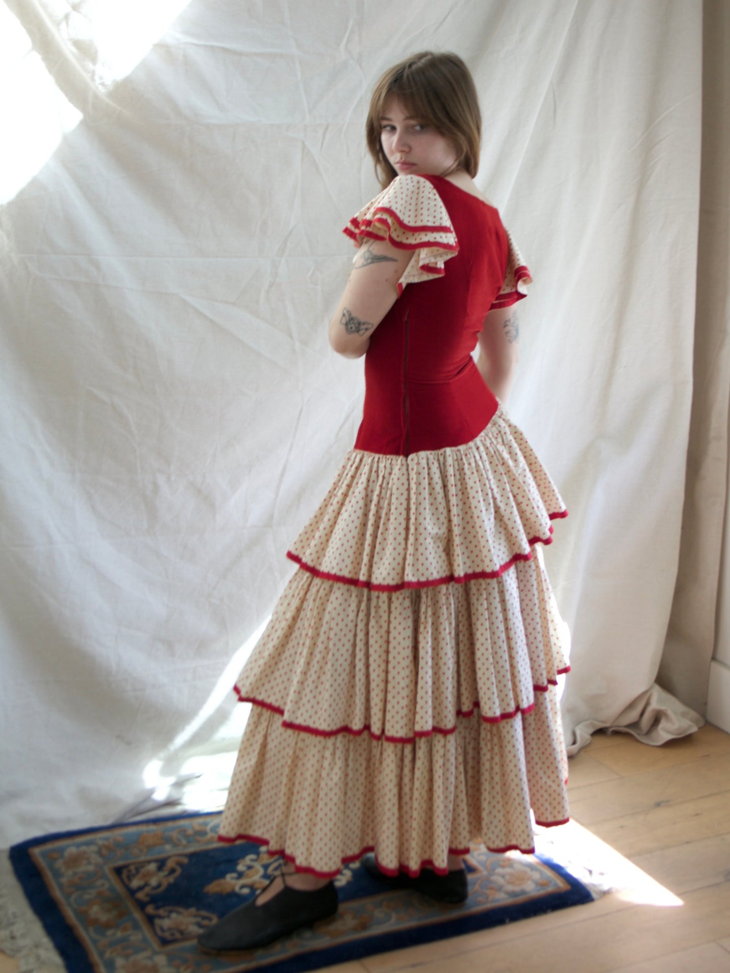 1930s Flamenco Velveteen Polka Dot Ruffle Dress