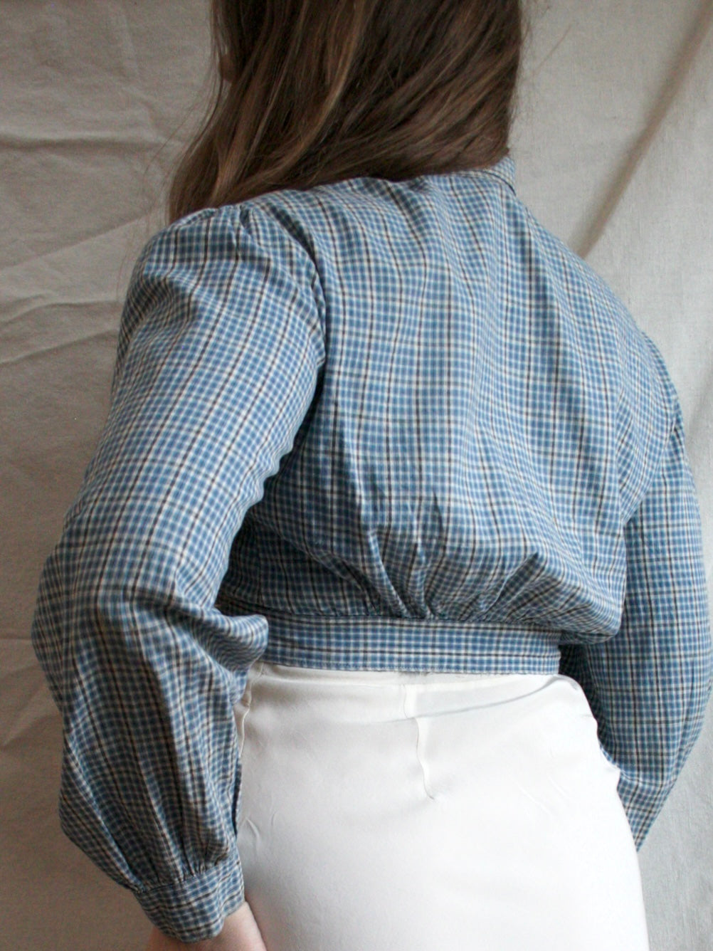 Antique 19th C Primitive Indigo Check Cropped Workwear Blouse