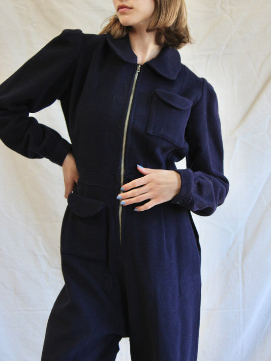 WW2 Navy Blue Wool Back Flap "Siren Suit" Wide Leg Jumpsuit