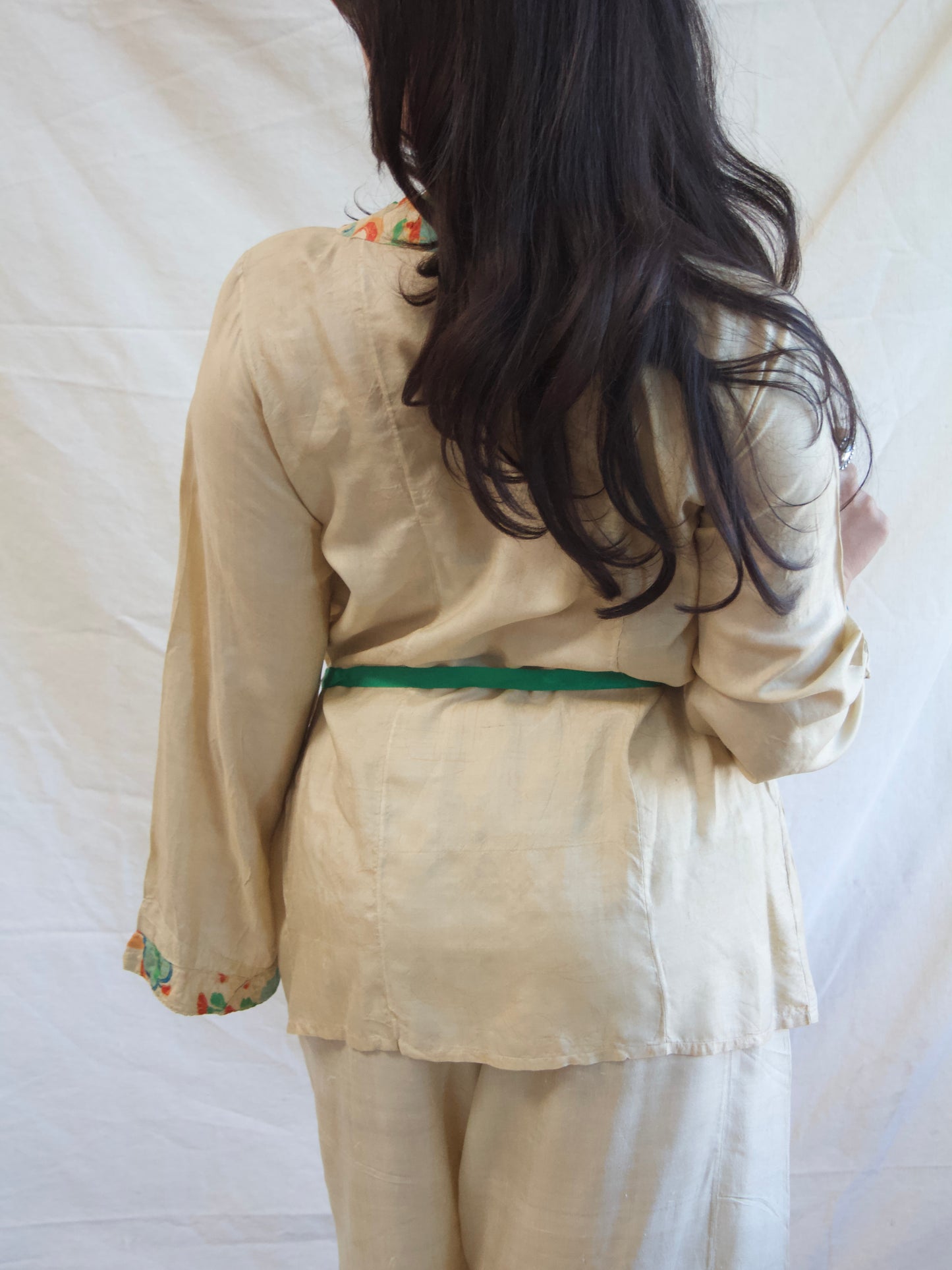 Antique 1920s Faded Print Pongee Silk 2 PC Loungewear Pant Set