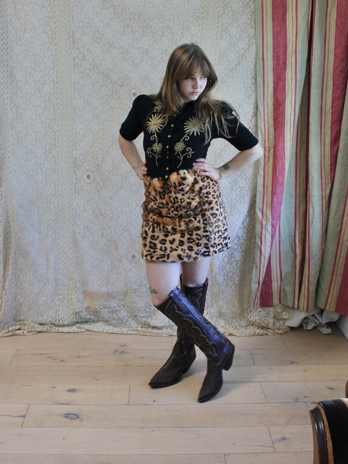 Deadstock 1960s Leopard Stenciled Rabbit Fur Skirt