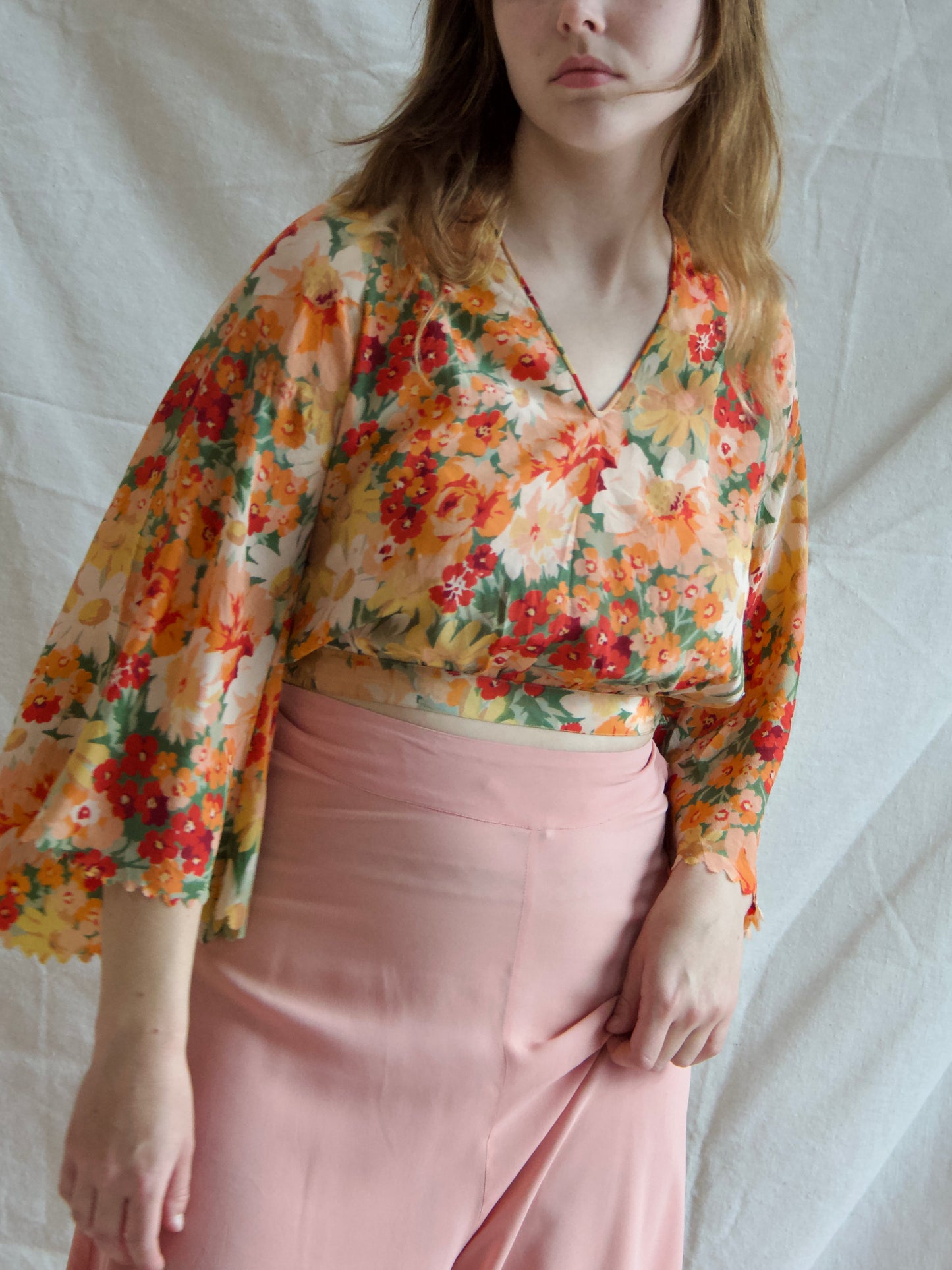 1930s Floral Print Silk Bell Sleeve Cropped Blouse