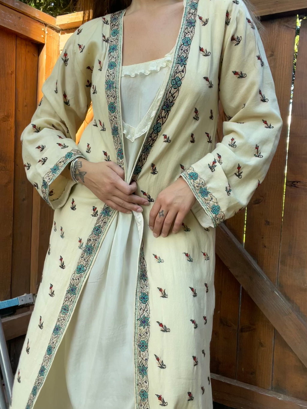 1930s Kashmiri Embroidered Floor Length Bell Sleeve Robe