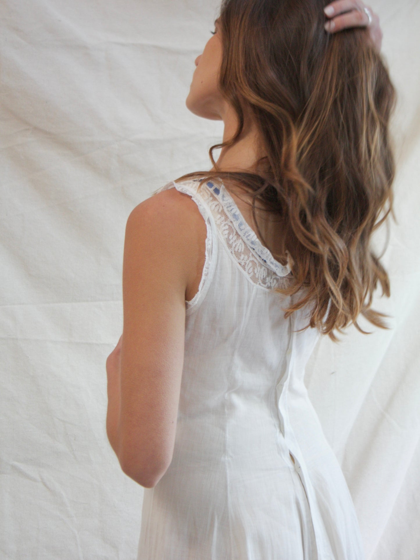 Antique Edwardian Cotton & Lace Ribbon Princess Slip Dress