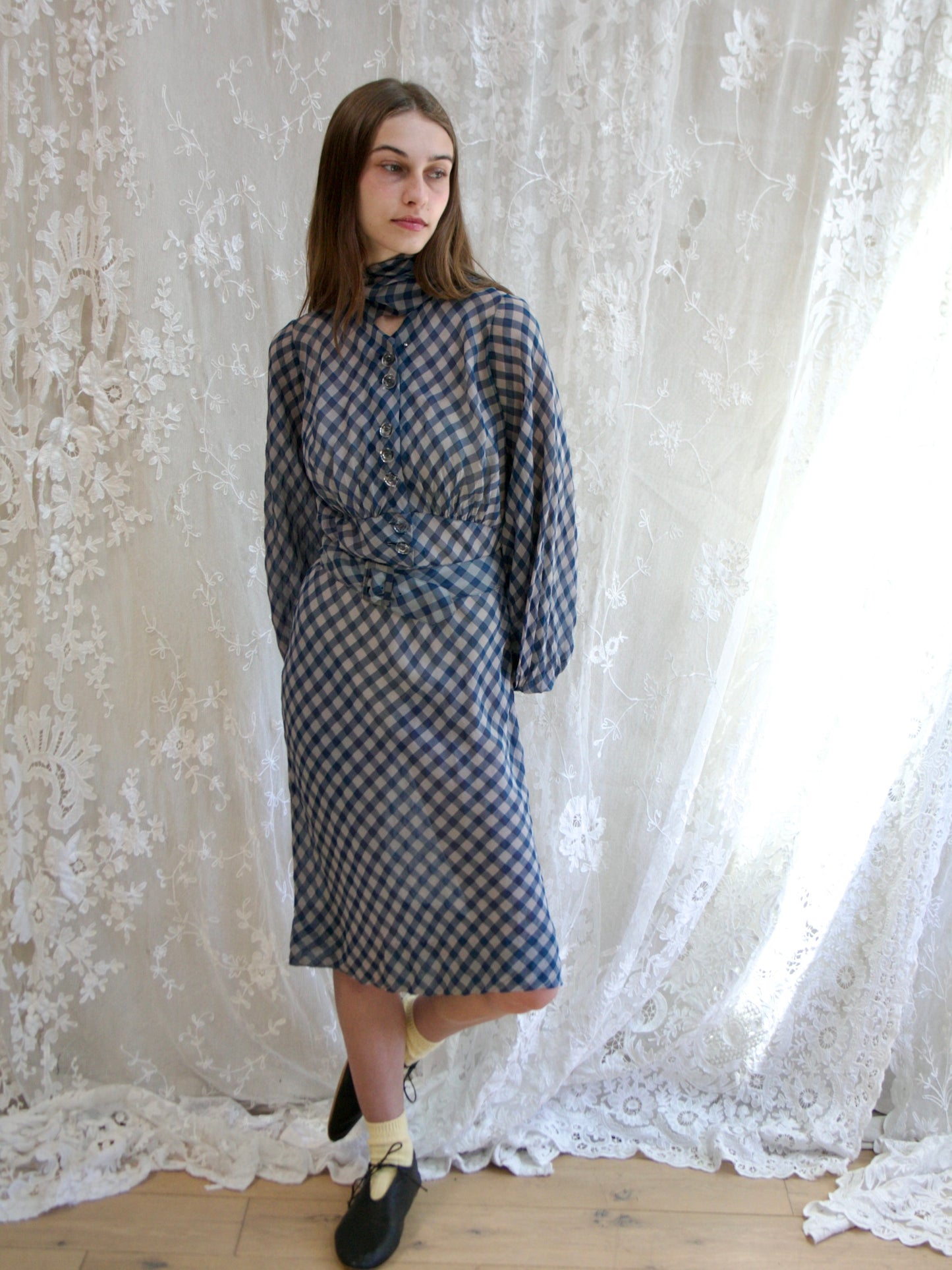 1930s Windowpane Balloon Sleeve Crepe Chiffon Tie Neck Dress
