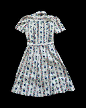 1930s-1940s Two Piece Rowed Floral Cotton Playsuit/ With Skirt