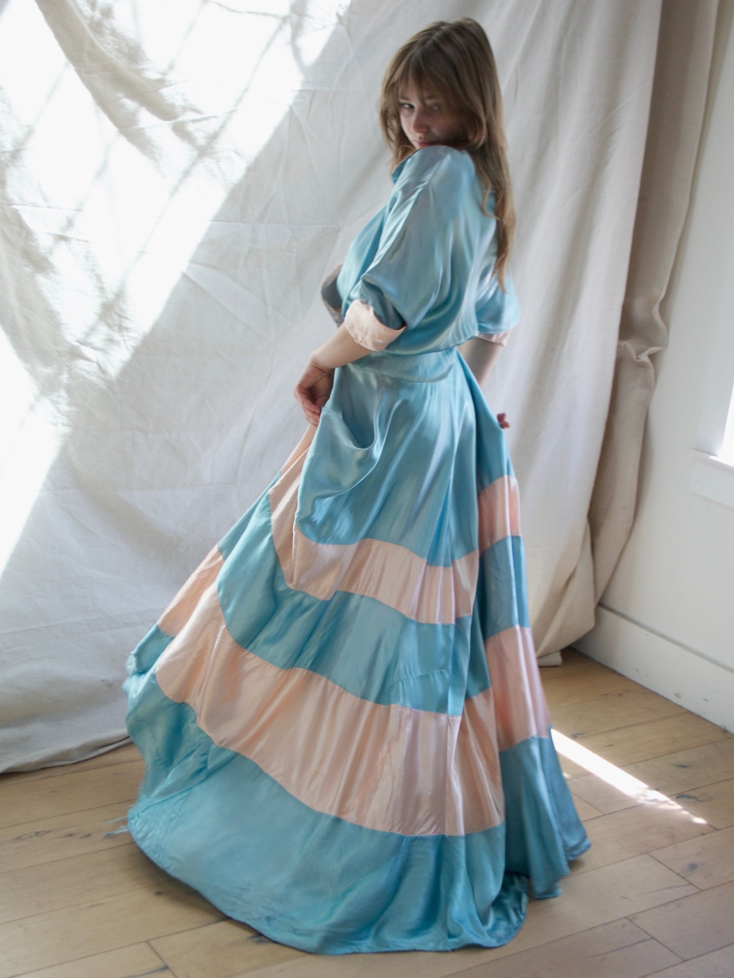 1940s Trained Candy Colored Liquid Rayon Satin Gown