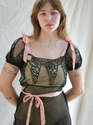 1930s Vampy Chiffon & Lace Bias Cut Gown W* Pink Silk Ribbon Trim