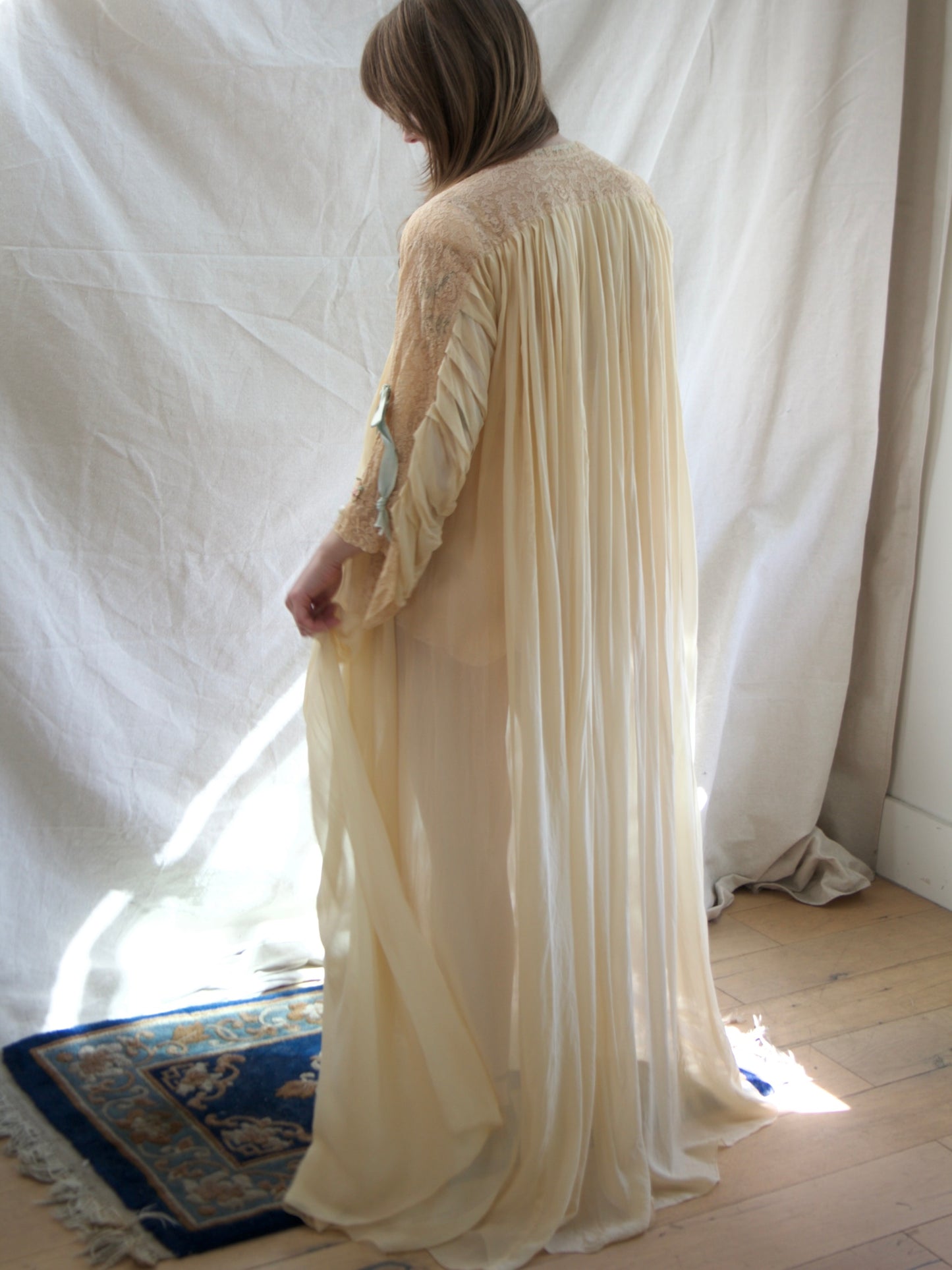 Rare 1947 Custom Hand Made Chiffon Lace Ribbonwork Peignoir