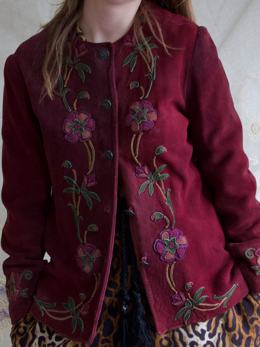 1970s Aubergine Suede Floral Applique Jacket
