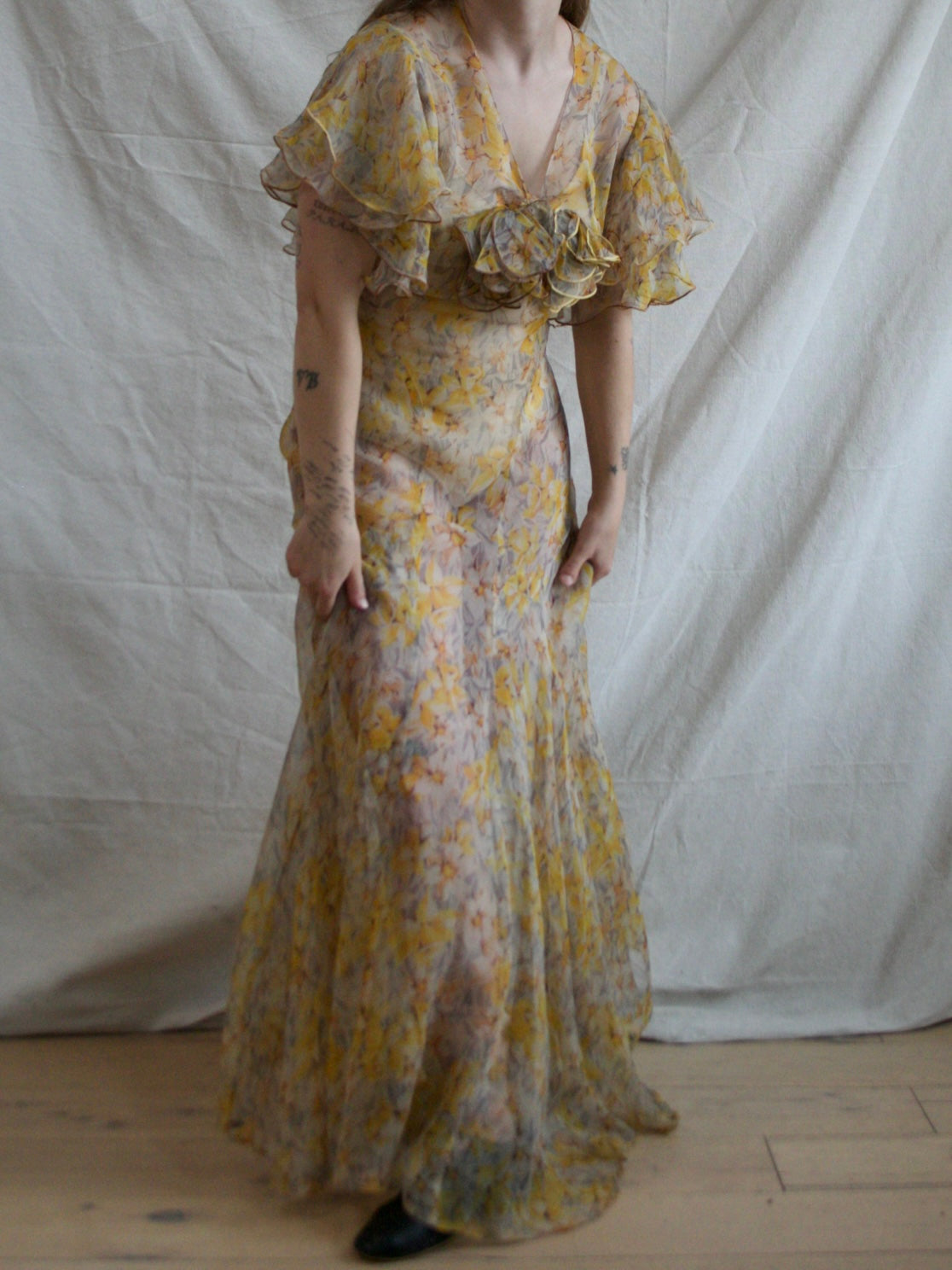 1930s Silk Chiffon Autumnal Flutter Sleeve Deco Bias Cut Gown