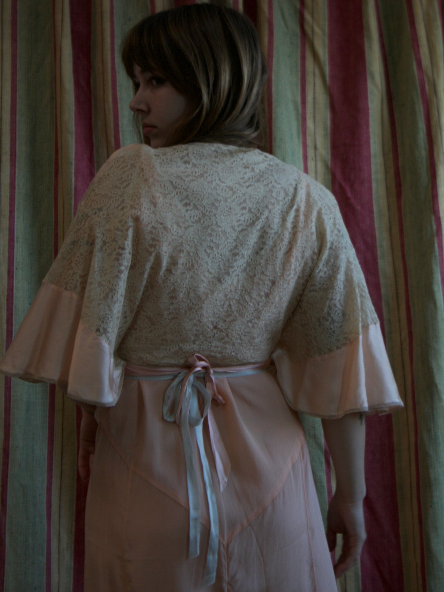 Antique Soft Pink Silk & Lace Ribbonwork Tie Waist Capelet Blouse