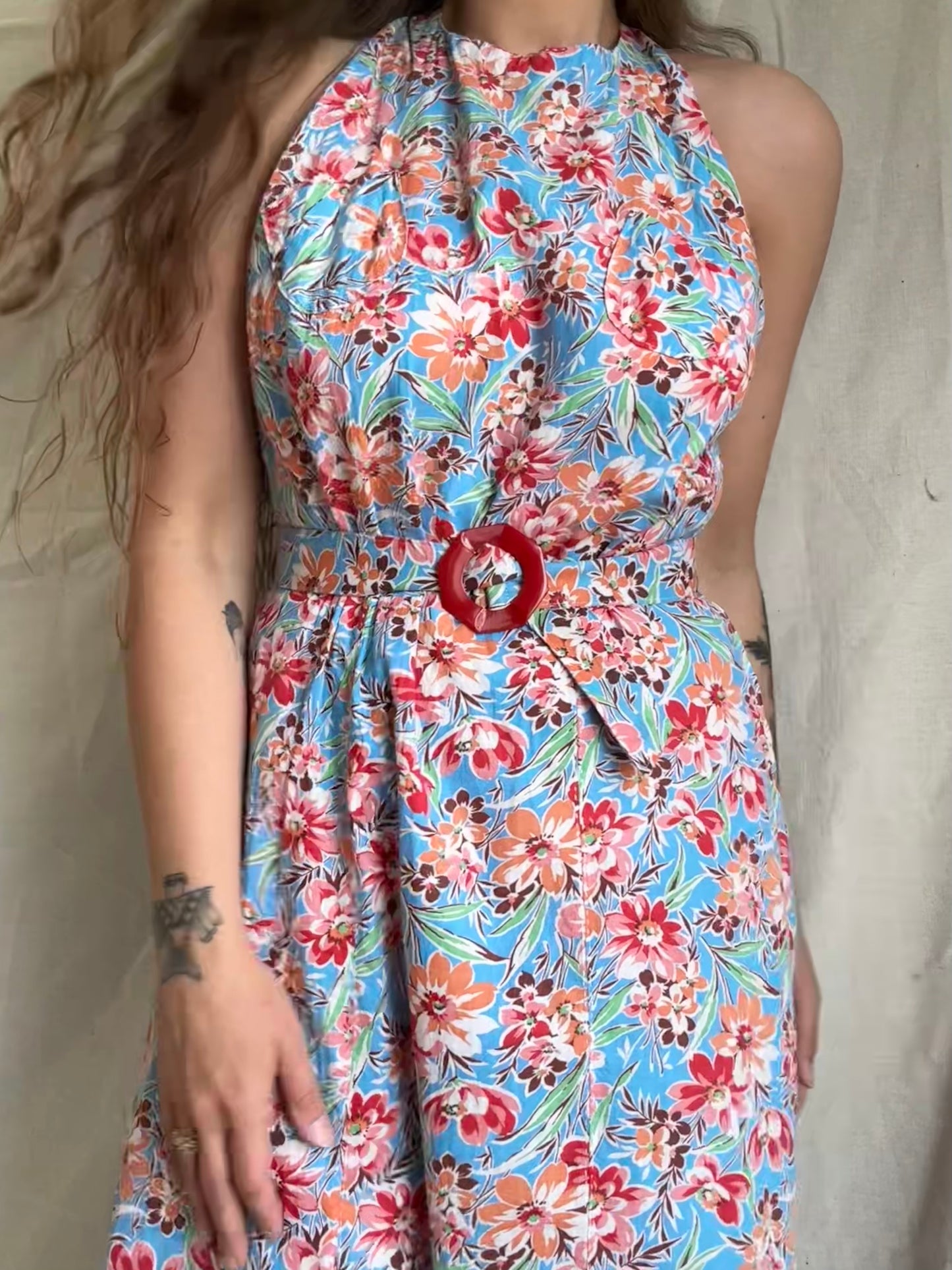 1930s Belted Halter Style Floral Print Summer Dress