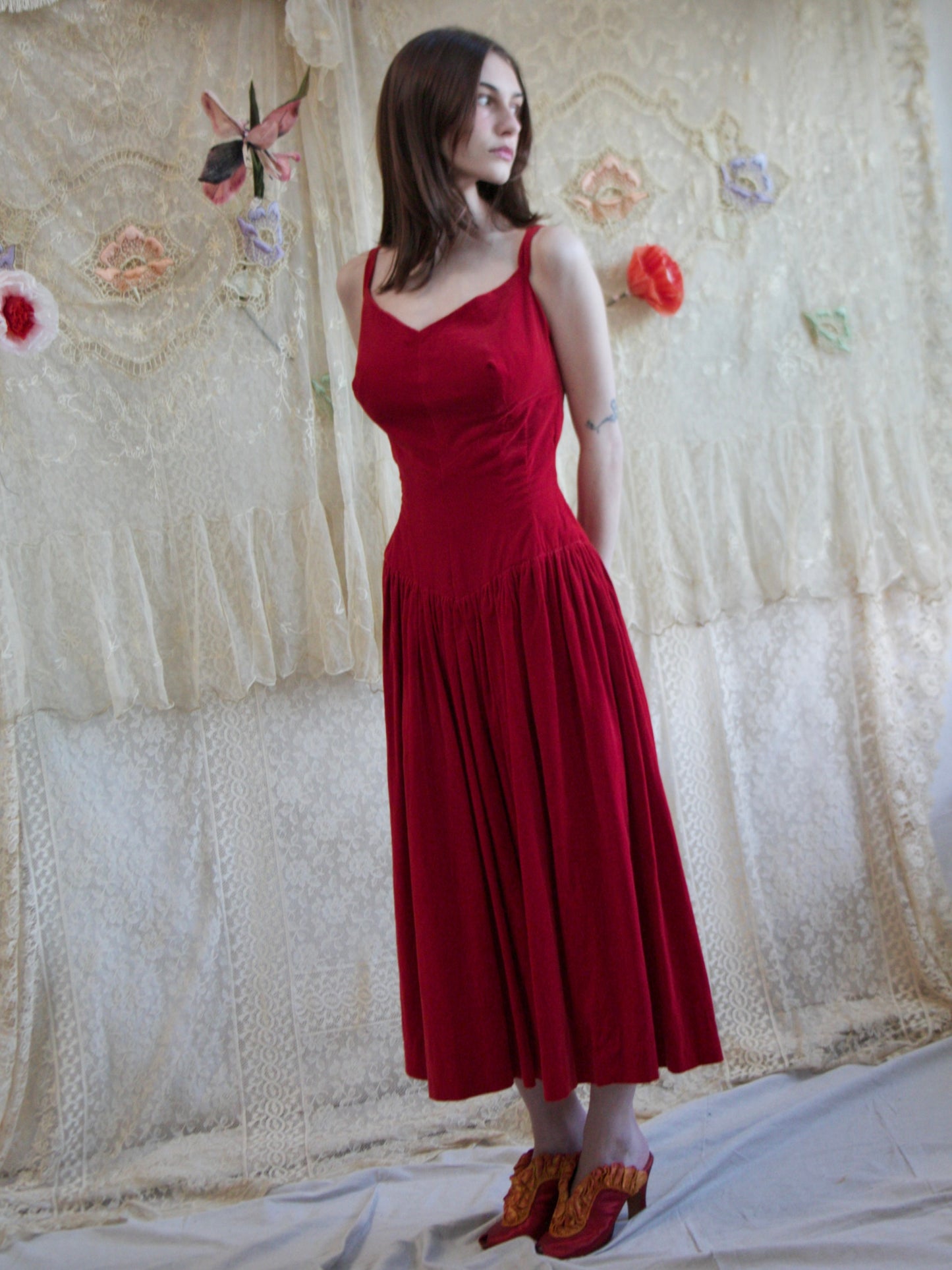 1950s Sweetheart Crimson Velveteen Basque Waist Dress