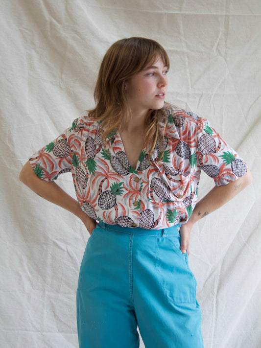 1940s Cold Rayon Aloha Pineapple Front Hawaiian Women's Shirt