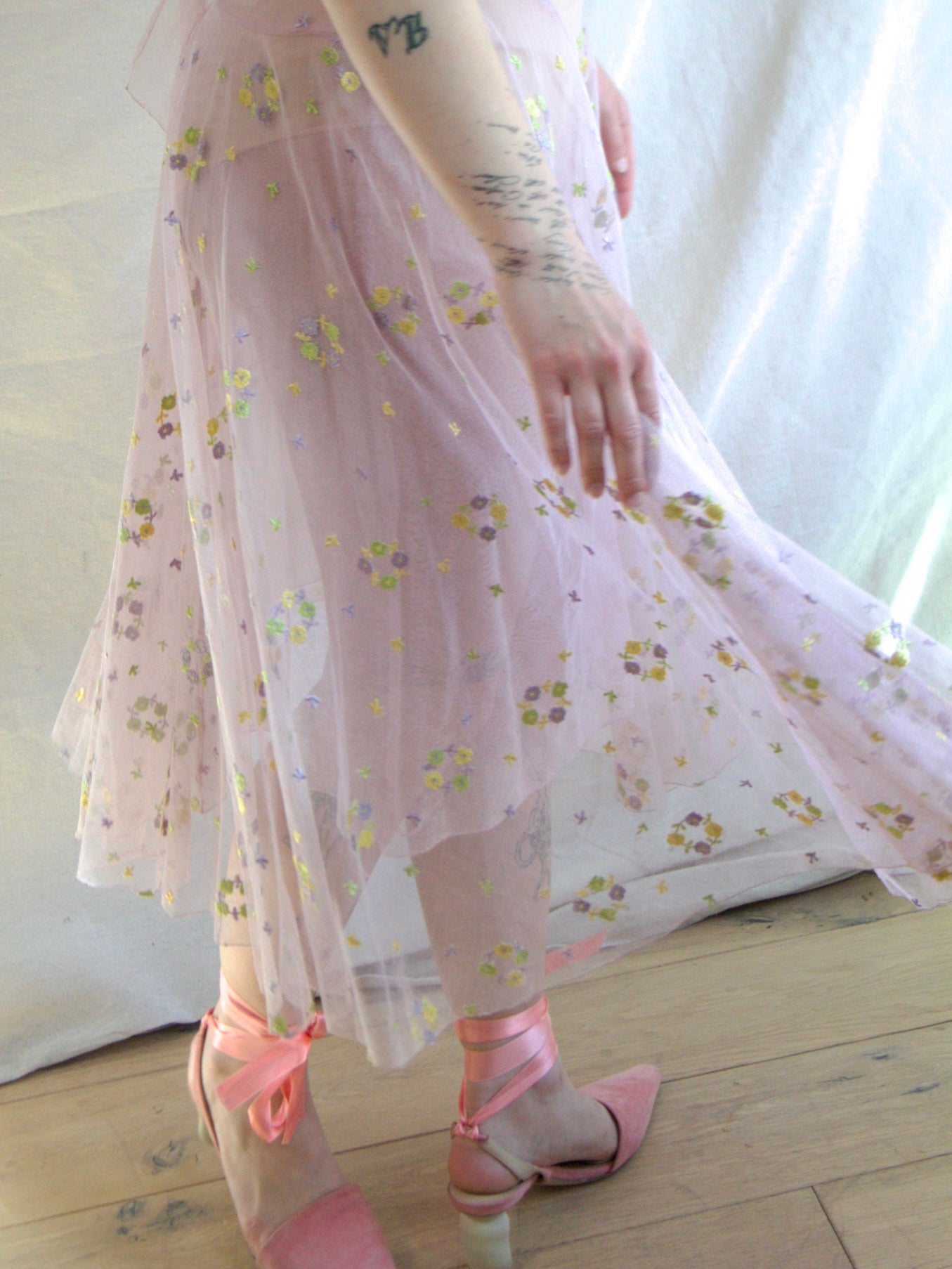 1930s Deco Springtime Embroidered Lavender Tiered Net Dress