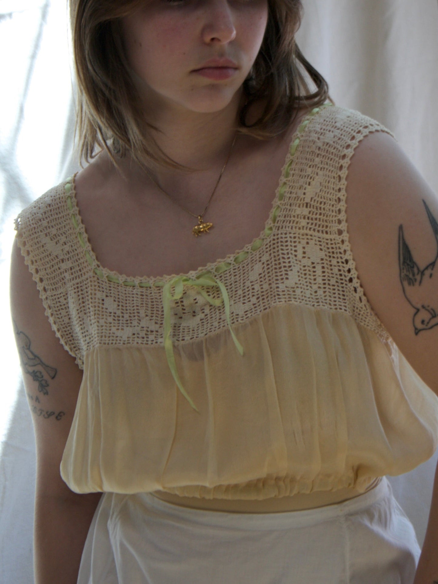 Antique Woven Ribbon Ecru Crochet Silk Corset Cover