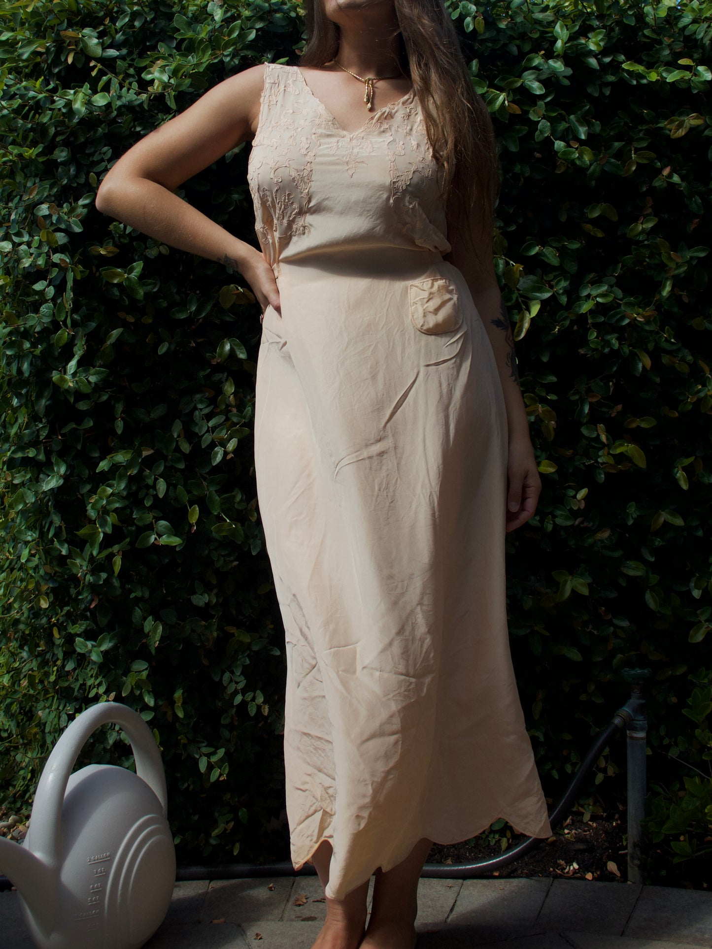 1920s/1930s Scalloped Pink Silk Crepe Chiffon Appliqué Slip Dress