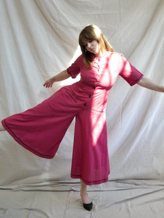 1940s Magenta Palazzo Pant Button Front Jumpsuit