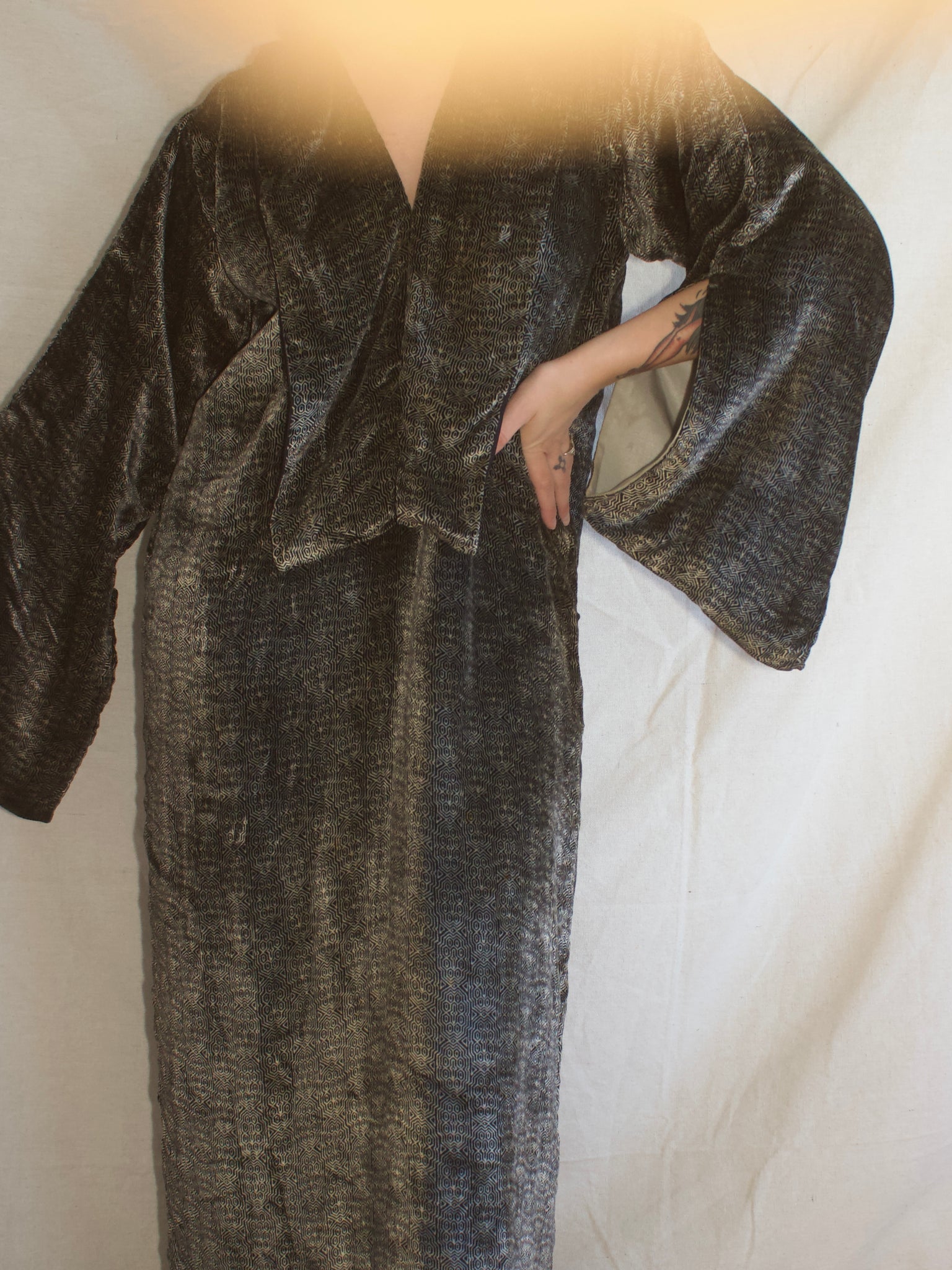 Rare Antique Late 1910s Geometric Printed Silk Velvet Trained Column Gown