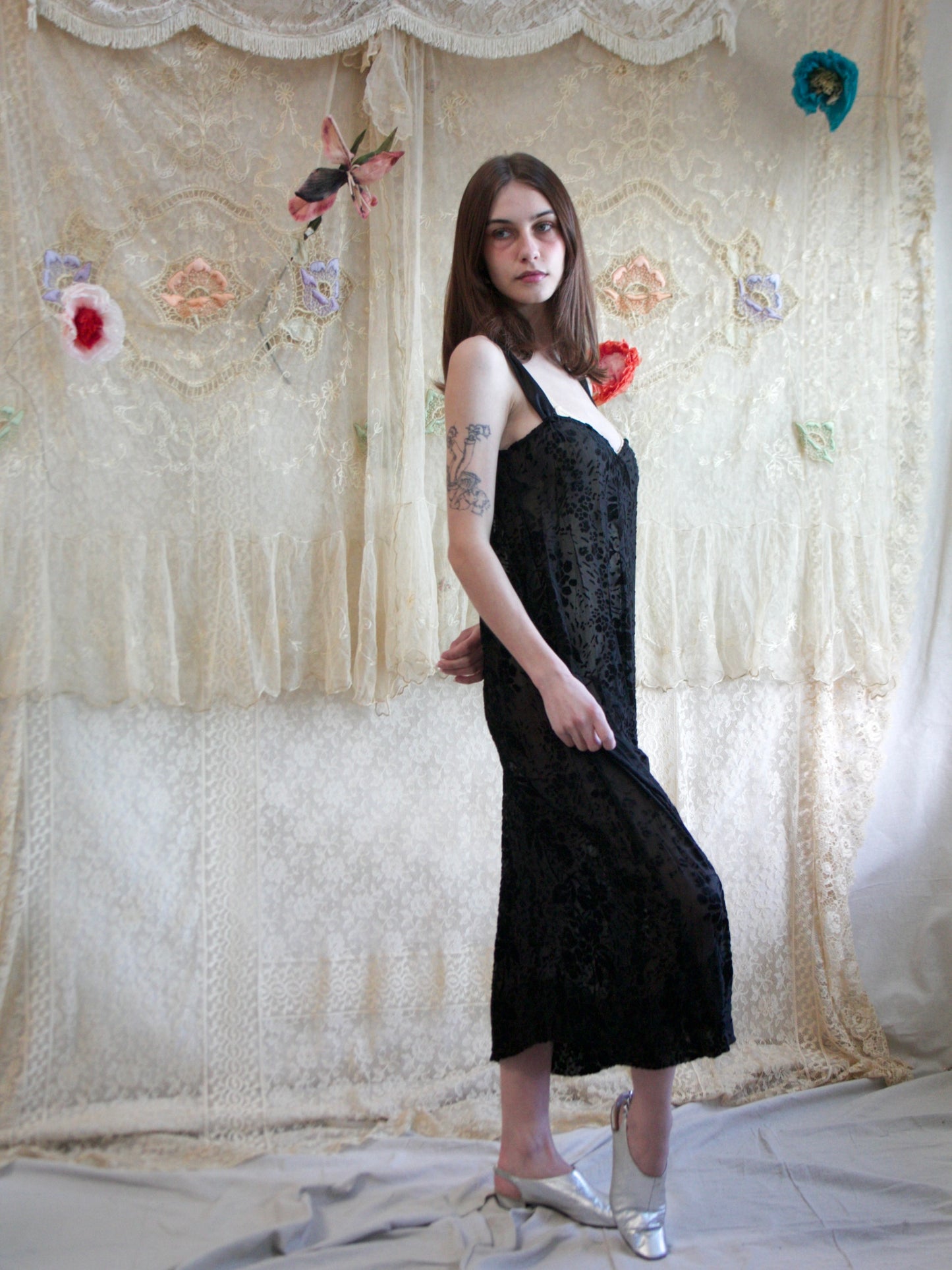 Antique 1920s Ink Devore Velvet Slip Dress