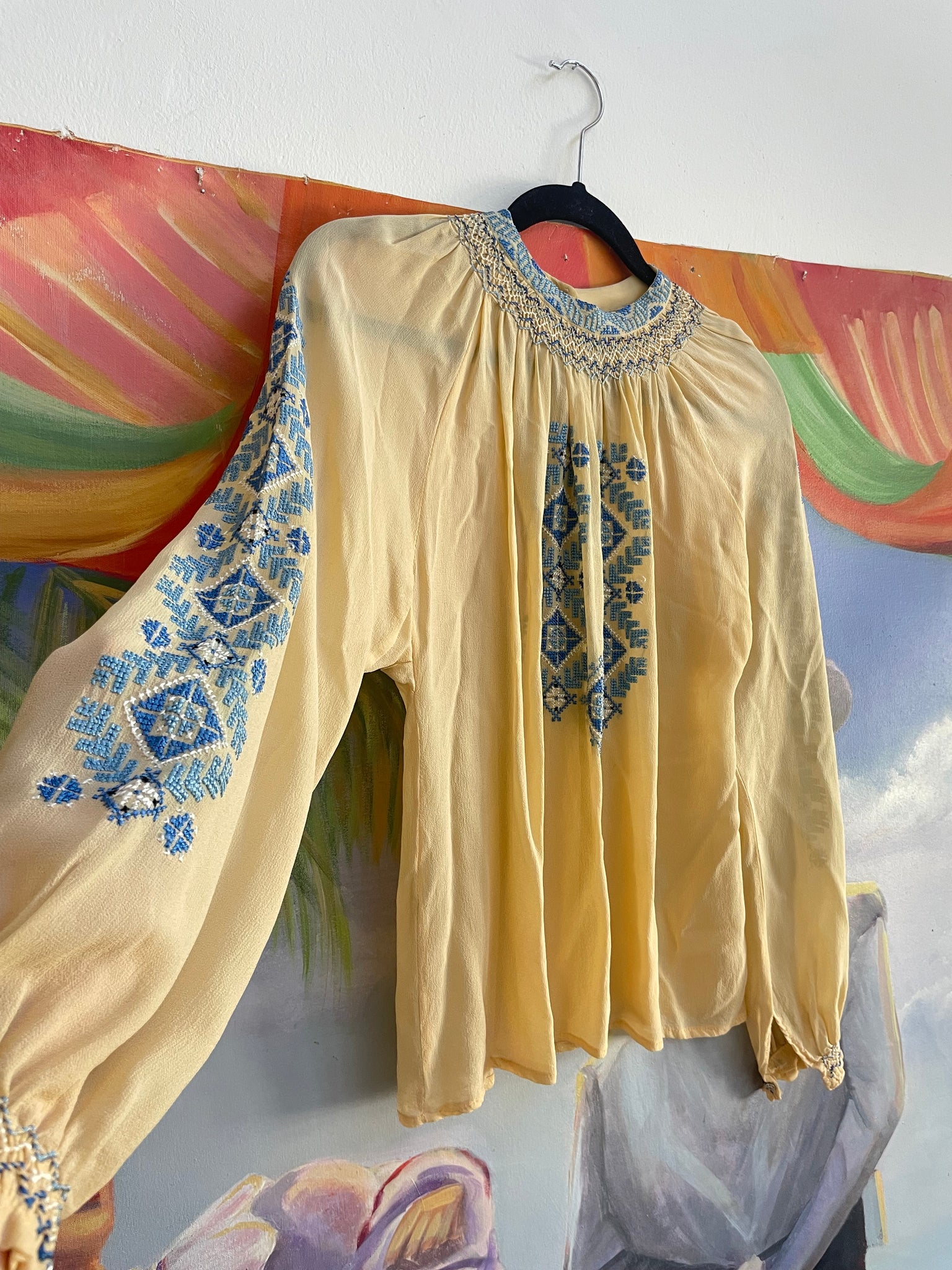 1930s Eastern European Pastel Embroidered Ecru Chiffon Smocked Blouse