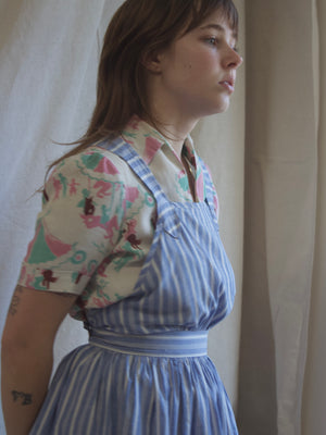 1940s Striped Chambray Blue Cotton Pinafore Button Back Dress