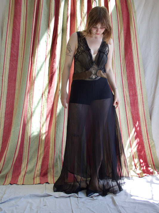 1930s Plunging Bias Cut Two Tone Silk Chiffon & Lace Trim Gown