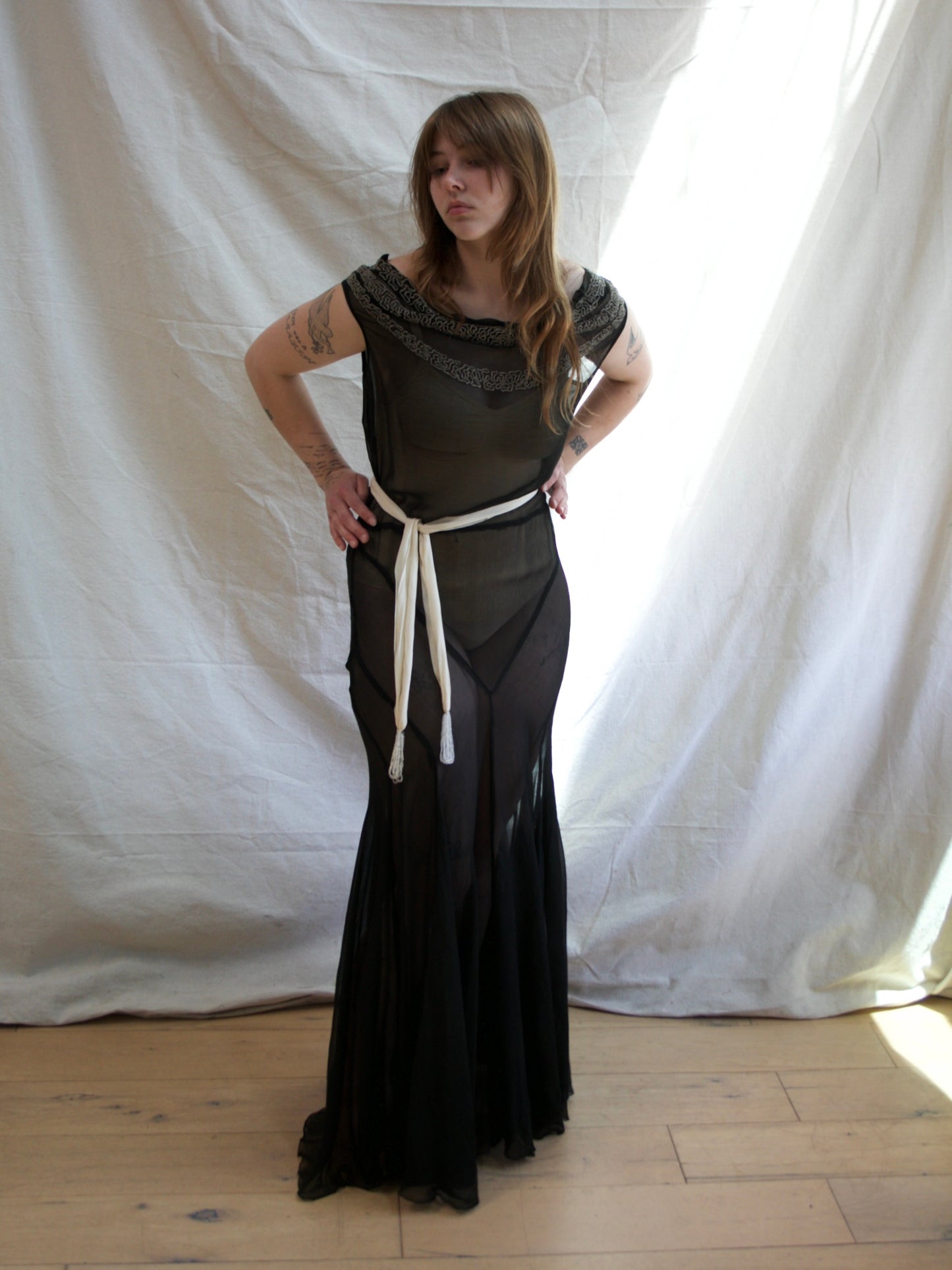 1930s Cowl Neck Vampy Chiffon Deco Seamed Beaded Gown