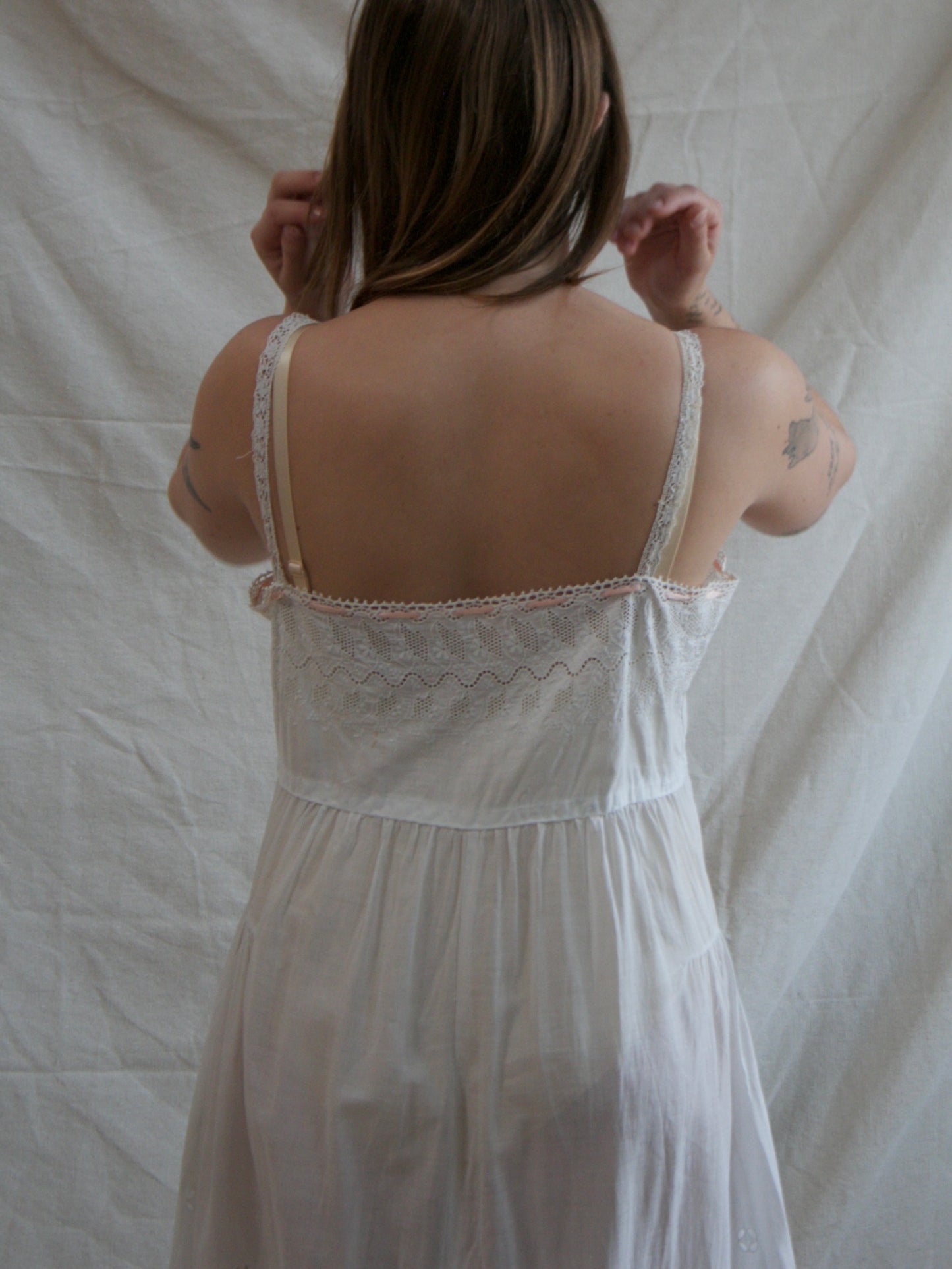 Antique Broderie Anglaise Silk Ribbon Tie Cotton Chemise