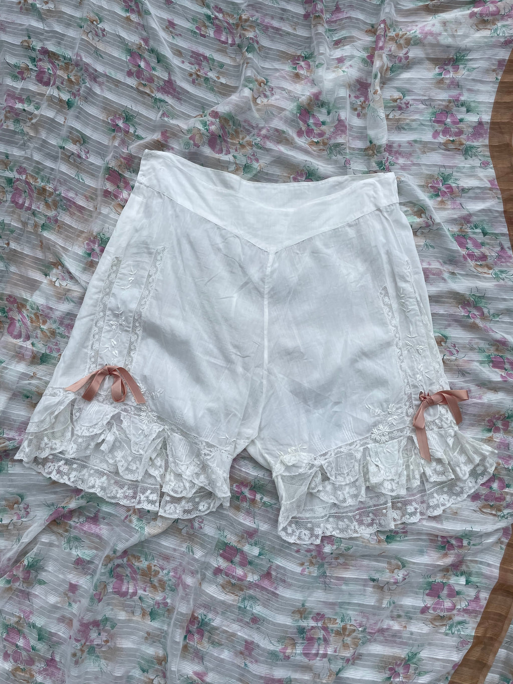 Edwardian Embroidered Cotton Insertion Lace Ruffle Hem Bloomers