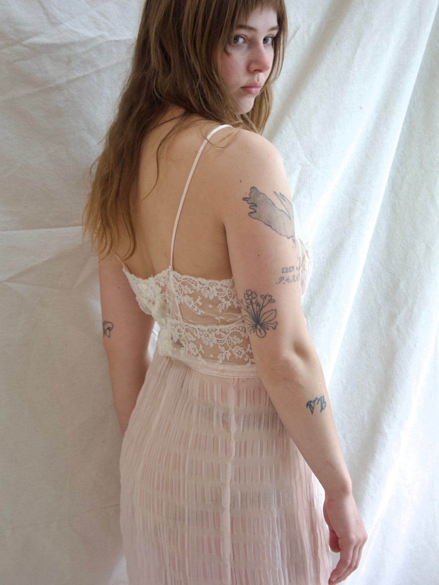 1940s I.Magnin Pale Pink Nylon & Lace Silk Satin Slip Dress