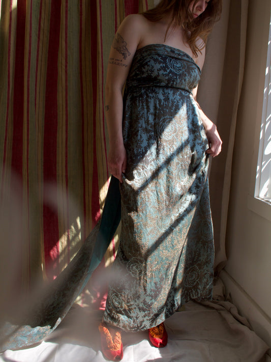 Late 1910s Aqua Silk Charmeuse Floral Lamé Strapless Trained Gown