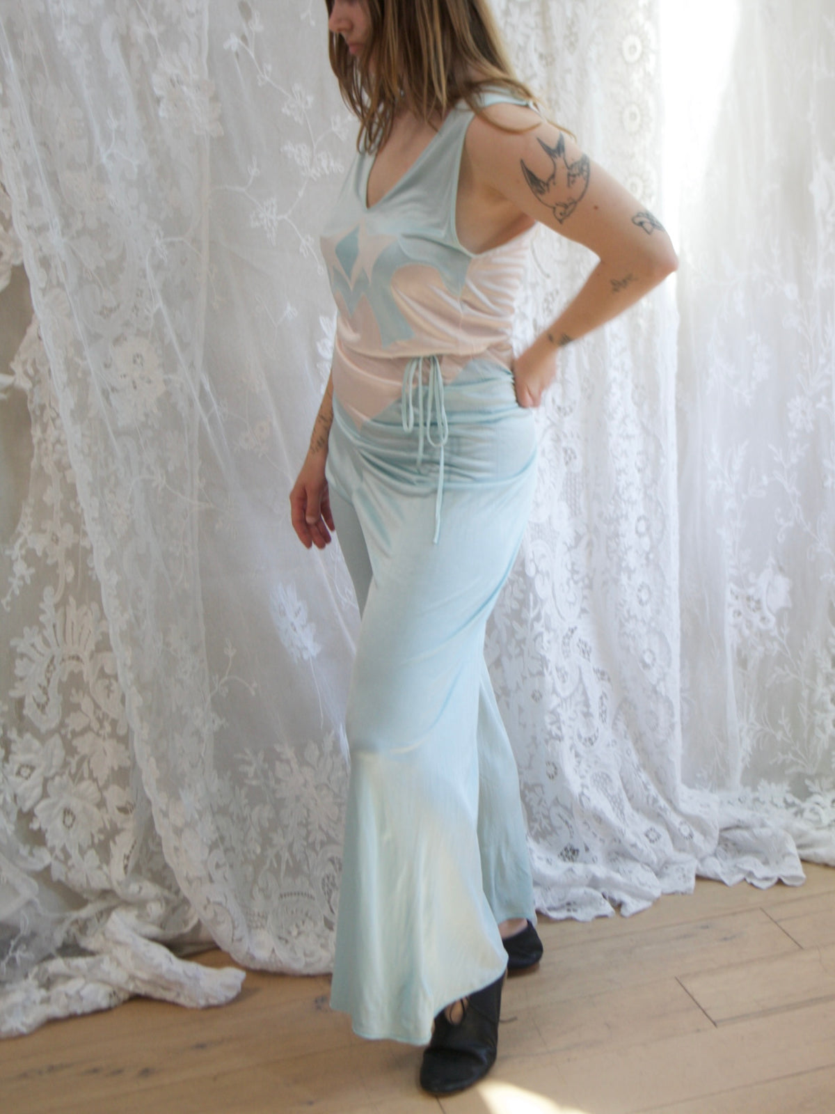 1930s Deco Pastel Rayon Jersey knit Lounge Jumpsuit