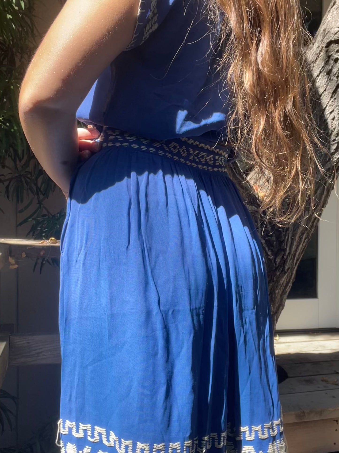 1940s Two Piece Embroidered Rayon Crepe Cobalt Skirt Blouse Set
