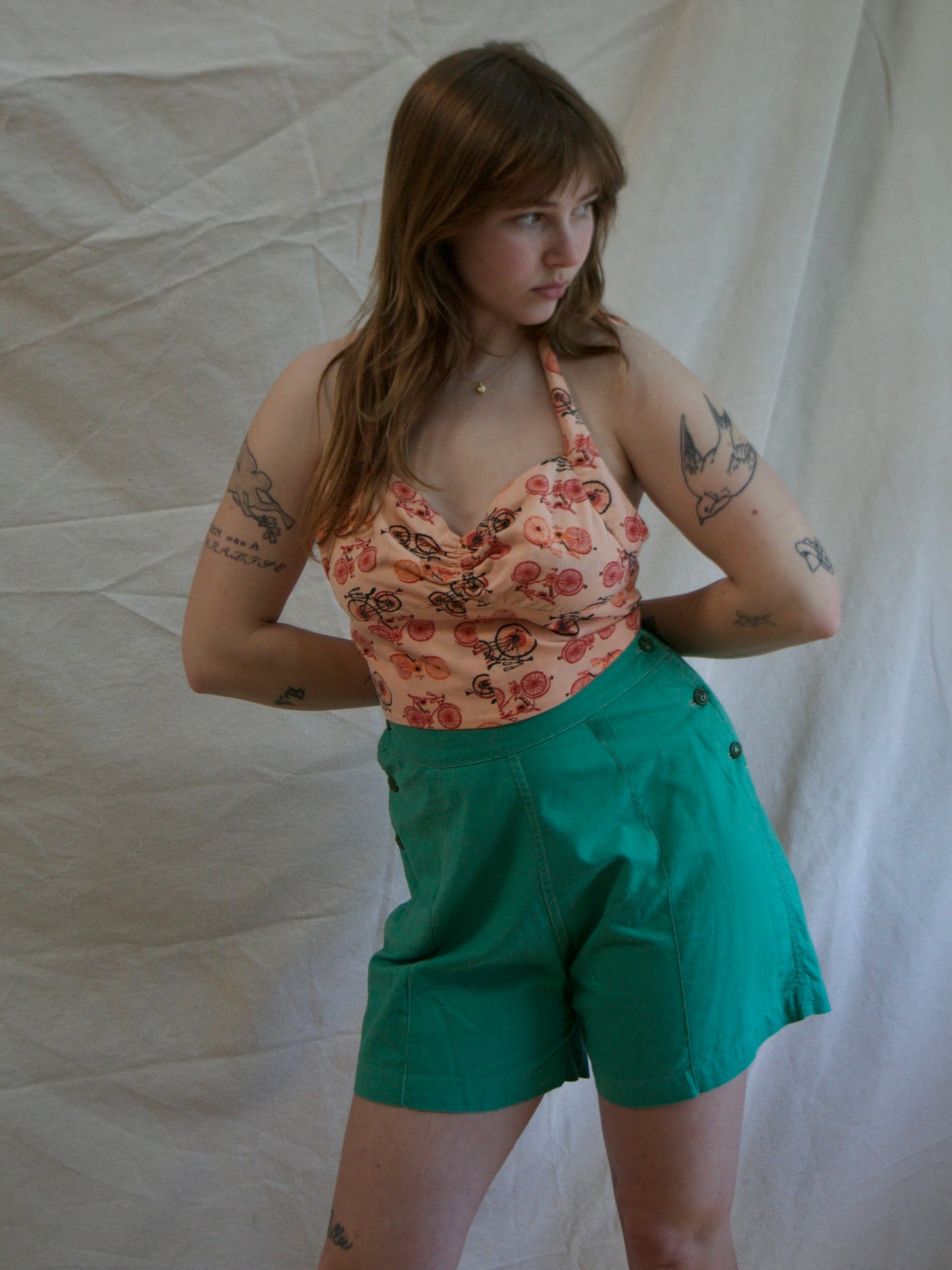 1940s Kelly Green Fall Front Side Button Shorts