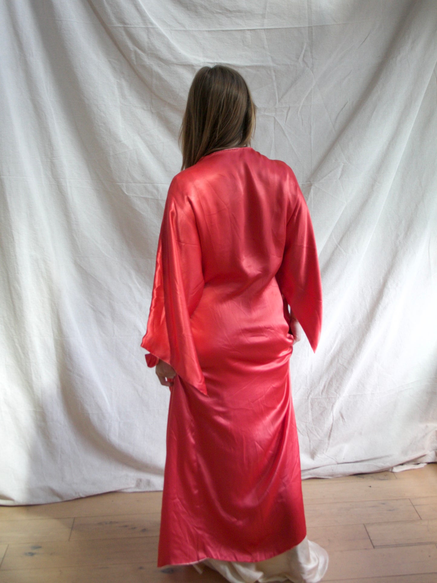 Antique 1920s Day-Glo Neon Coral Kimono Sleeve Silk Frog Closure Robe